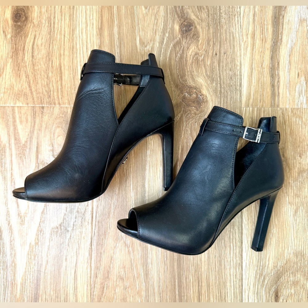Michael Kors Black Leather Peep Toe Ankle Booties Strap Heels Size 6.5
